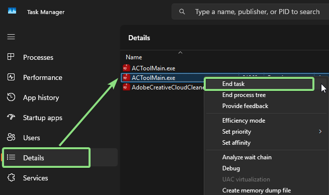 Windows Task Manager showing AdobeIPCBroker.exe selected for End Task