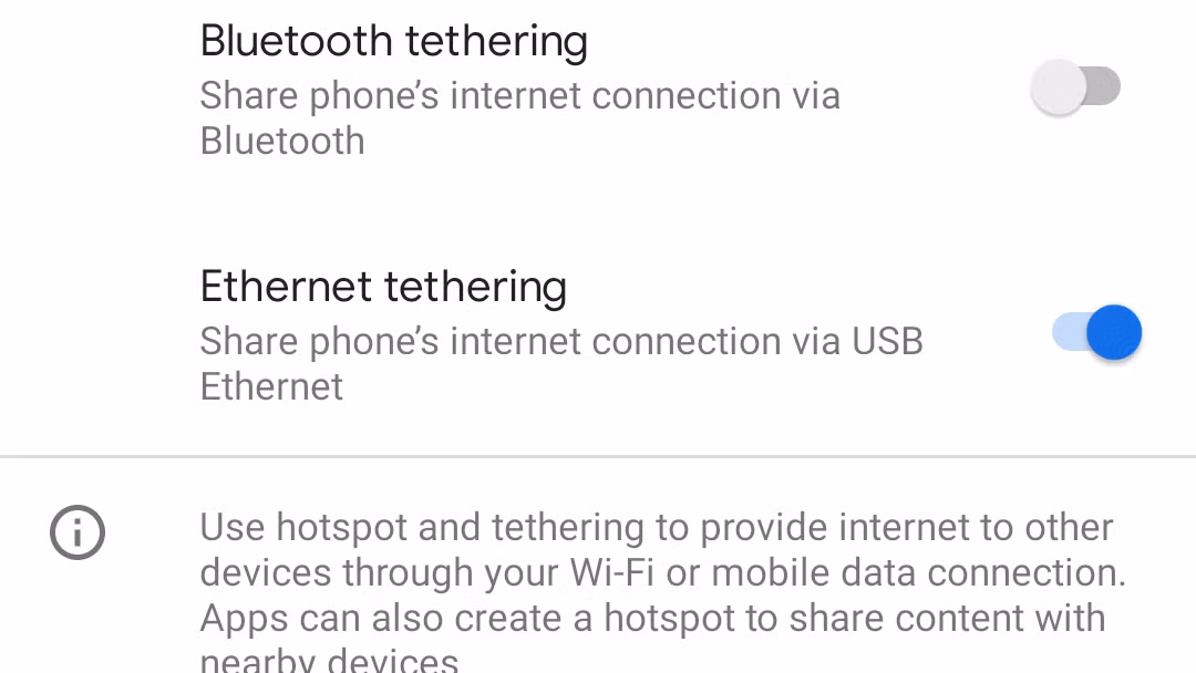 ethernet tethering in setting 