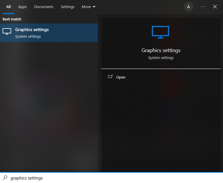Windows Graphics Settings search result