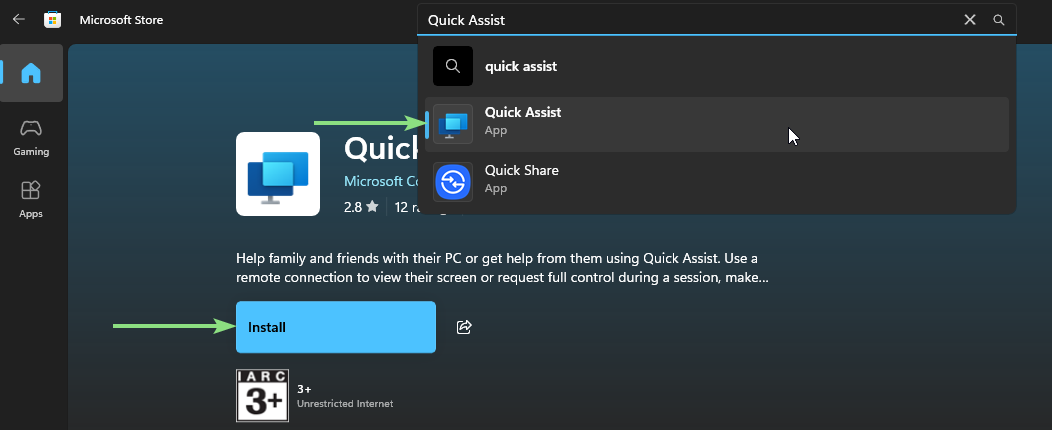 Reinstall Quick Assist from Microsoft Store