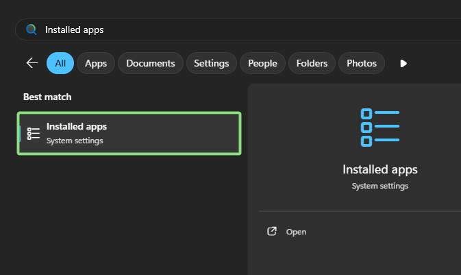 Installed Apps in Windows Settings