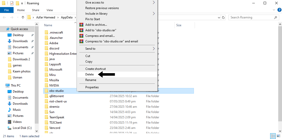 OBS Studio folder location in File Explorer