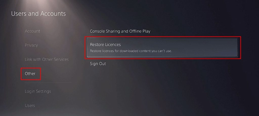 PS5 Restore Licenses option location