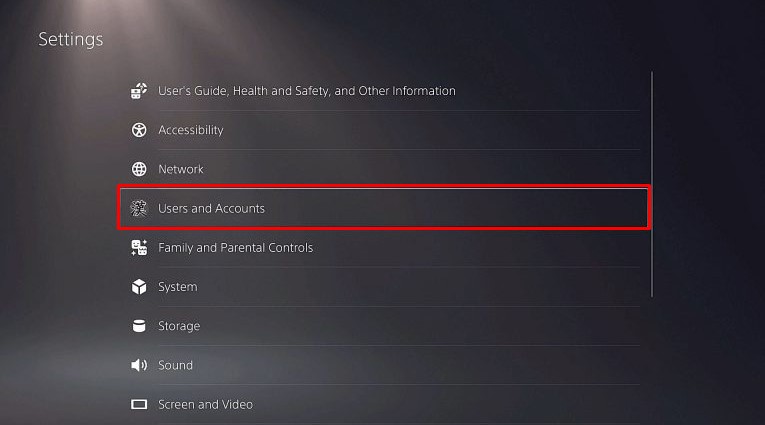 PS5 Users and Accounts menu