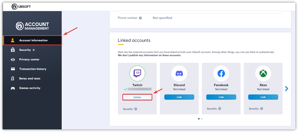 Ubisoft account Twitch unlinking interface