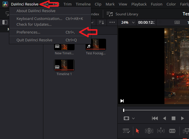 Open DaVinci Resolve preferences menu