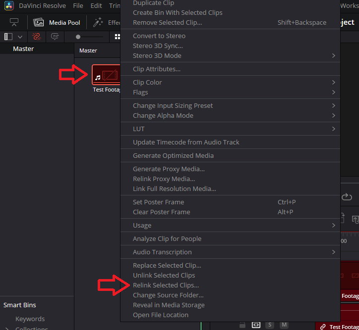 Relink missing clip from media pool menu