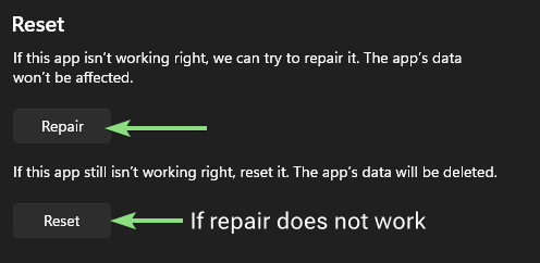 Reset and Repair options