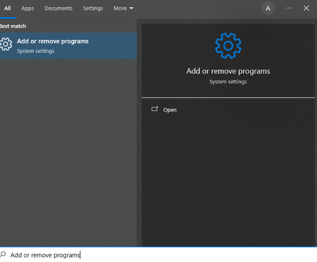 Windows 'Add or remove programs' search