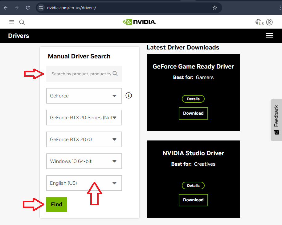 Searching for Nvidia drivers using product dropdown