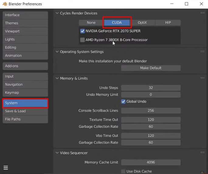 Selecting CUDA in Blender