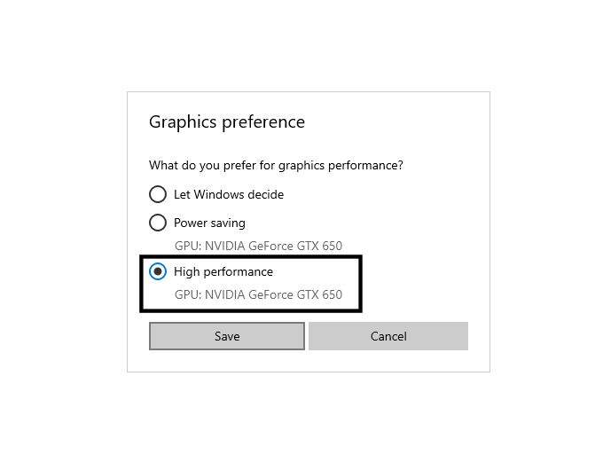 Setting graphics to High Performance mode