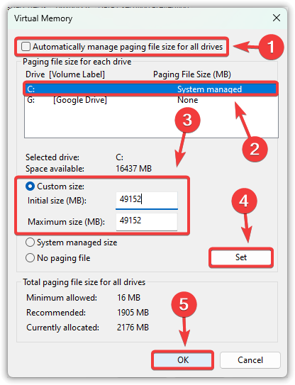 Setting custom virtual memory values