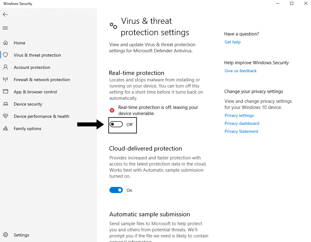 Disabling real-time protection