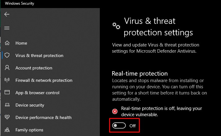 Turning off real time protection