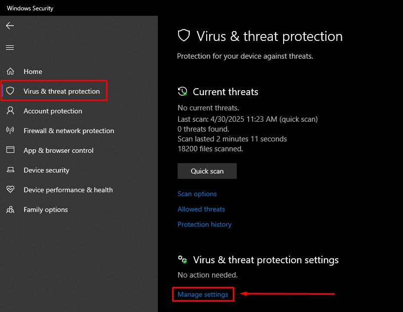 Virus and threat protection settings