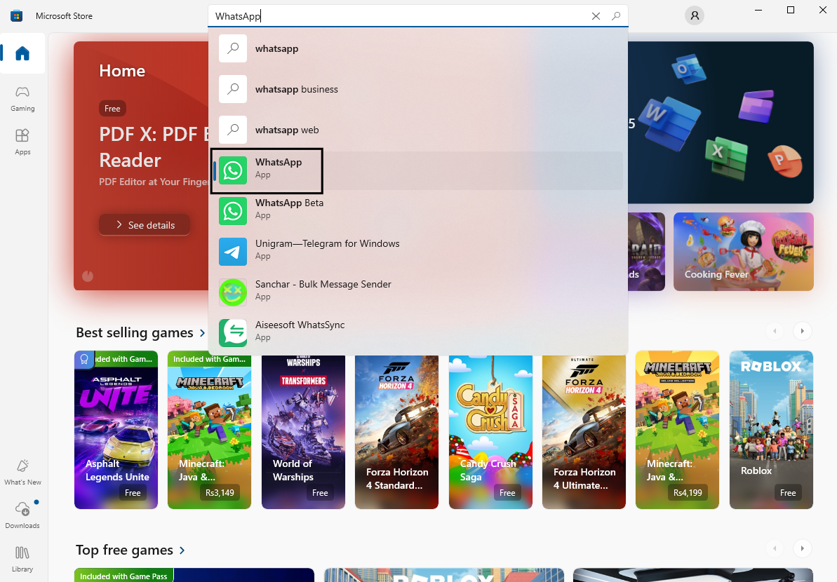 Search for WhatsApp in Microsoft Store