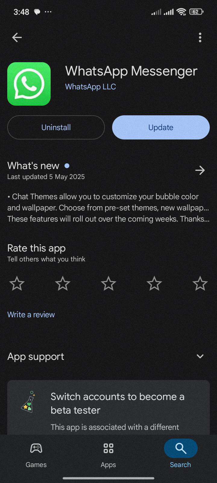 WhatsApp reinstall option on Google Play Store
