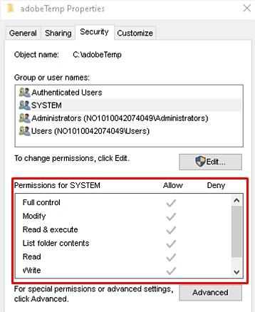adobeTemp folder permissions