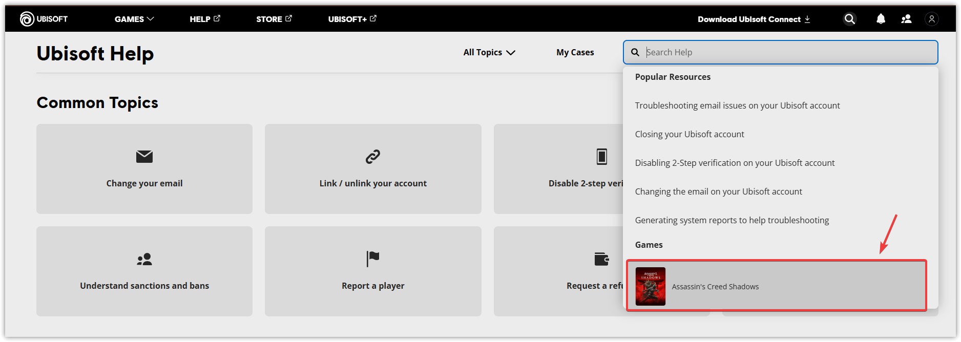 Ubisoft support search bar for Assassin's Creed Shadows