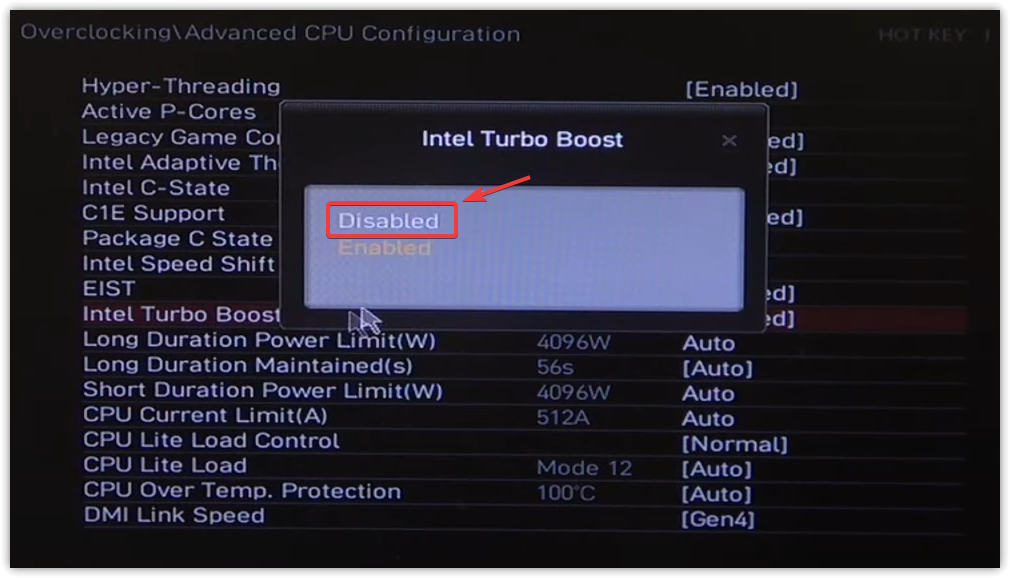 Disabling Intel Turbo Boost in BIOS