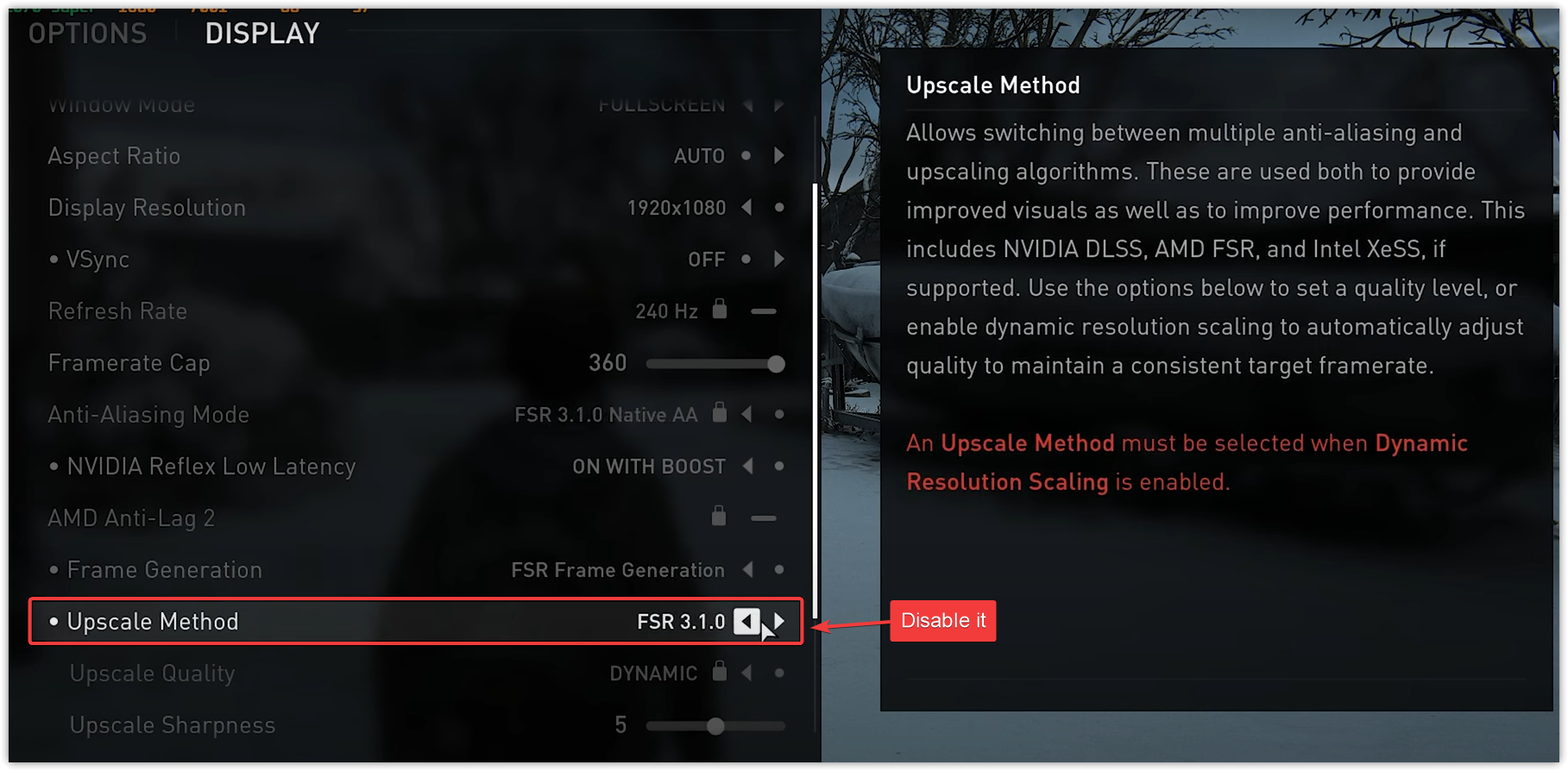 Upscaling method setting in game options