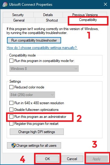 Windows Compatibility tab with 'Run as administrator' checkbox highlighted