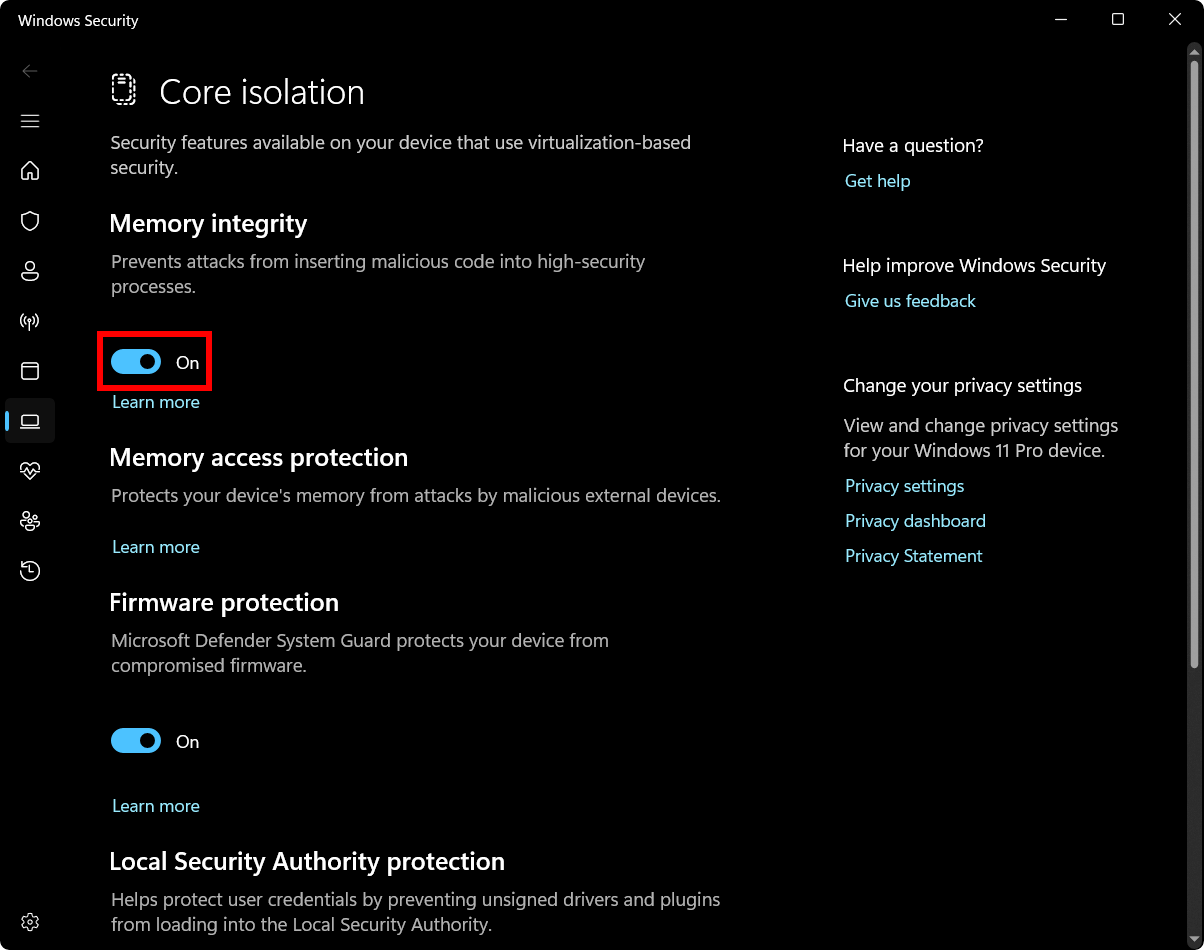 Memory Integrity being turned off.