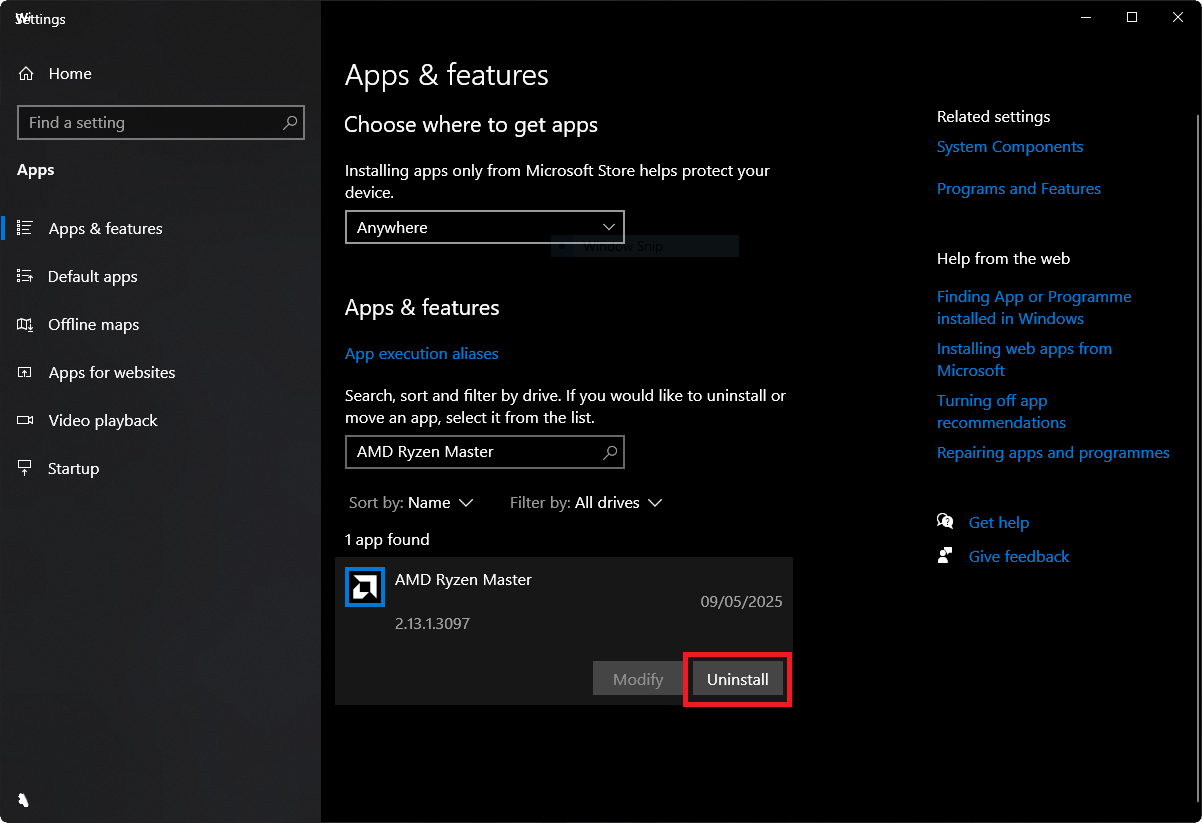 Uninstalling AMD Ryzen Master.