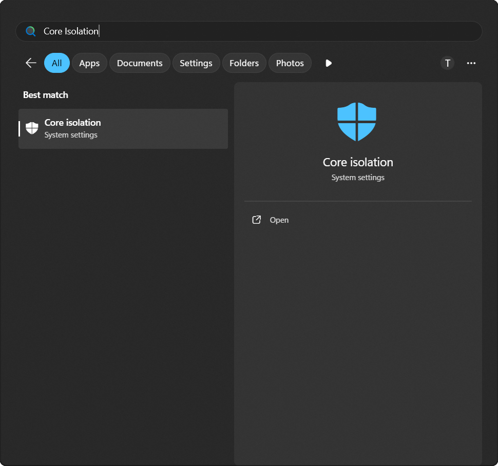 Core Isolation shown in Windows search bar.