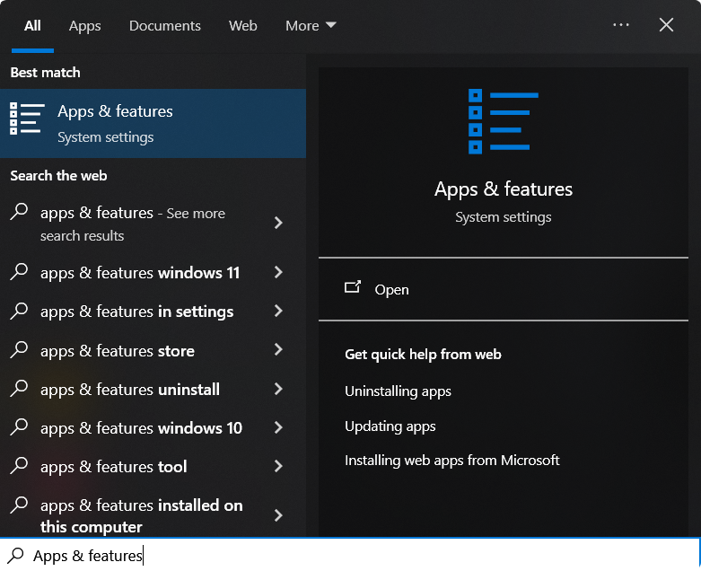 Apps & features shown in Windows search bar.