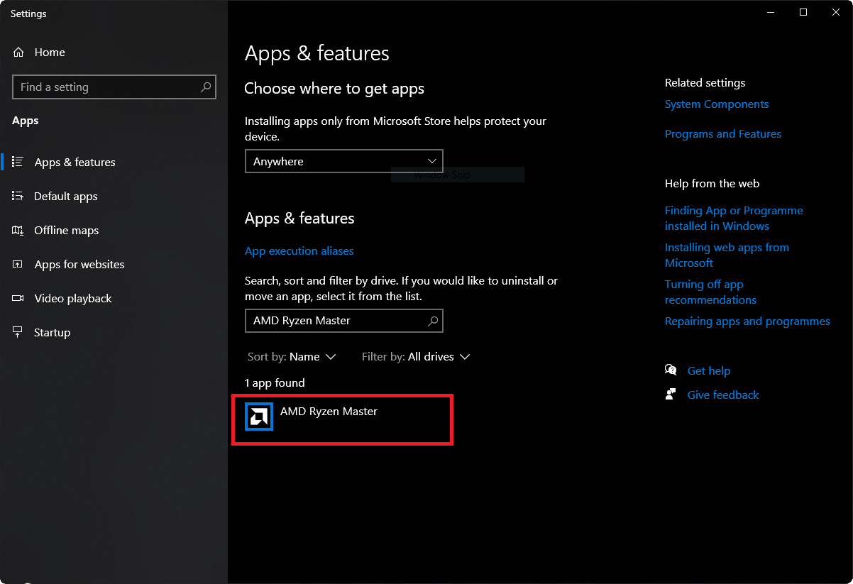 AMD Ryzen Master shown in Apps & features settings.