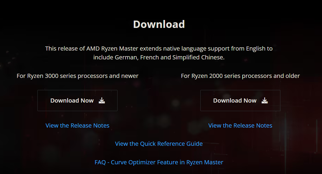 AMD Ryzen Master software download site.