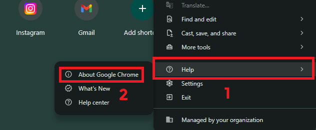 Help and About page in browser