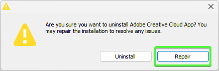 Creative Cloud repair option selection