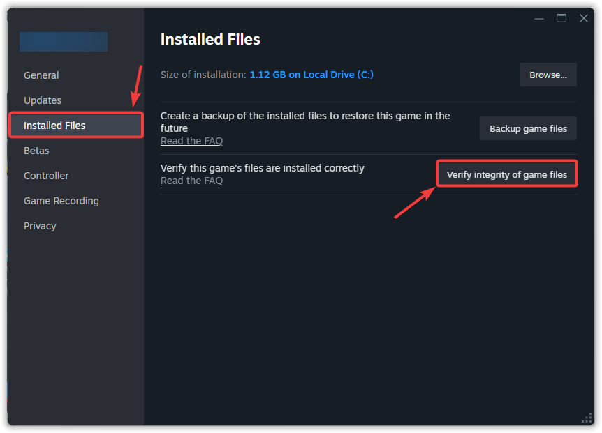 Game file verification option in Steam