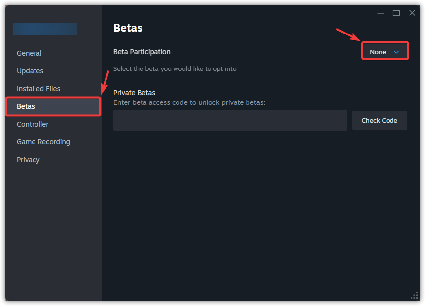 Steam beta opt-out selection