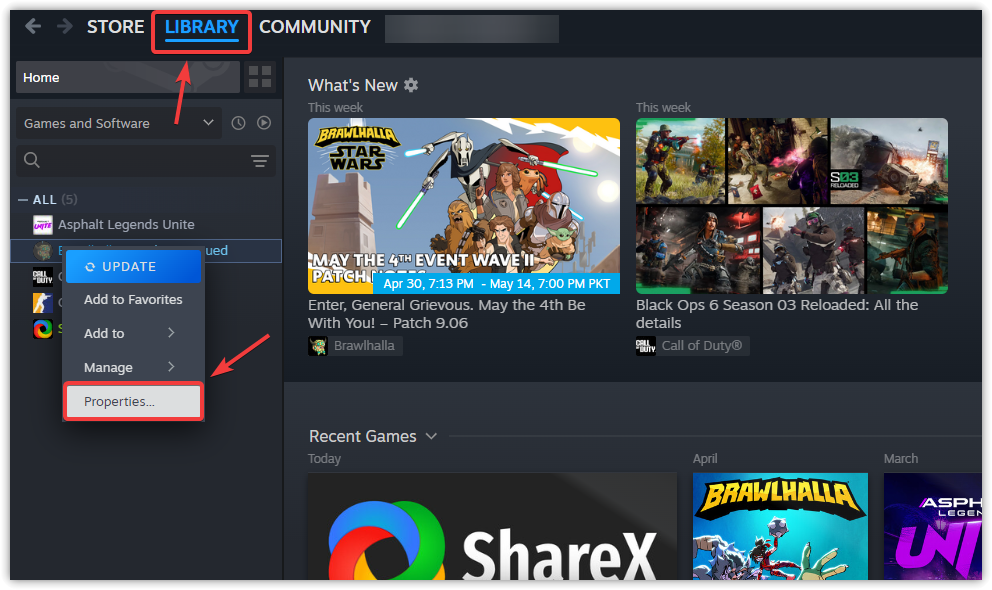 Steam game properties menu