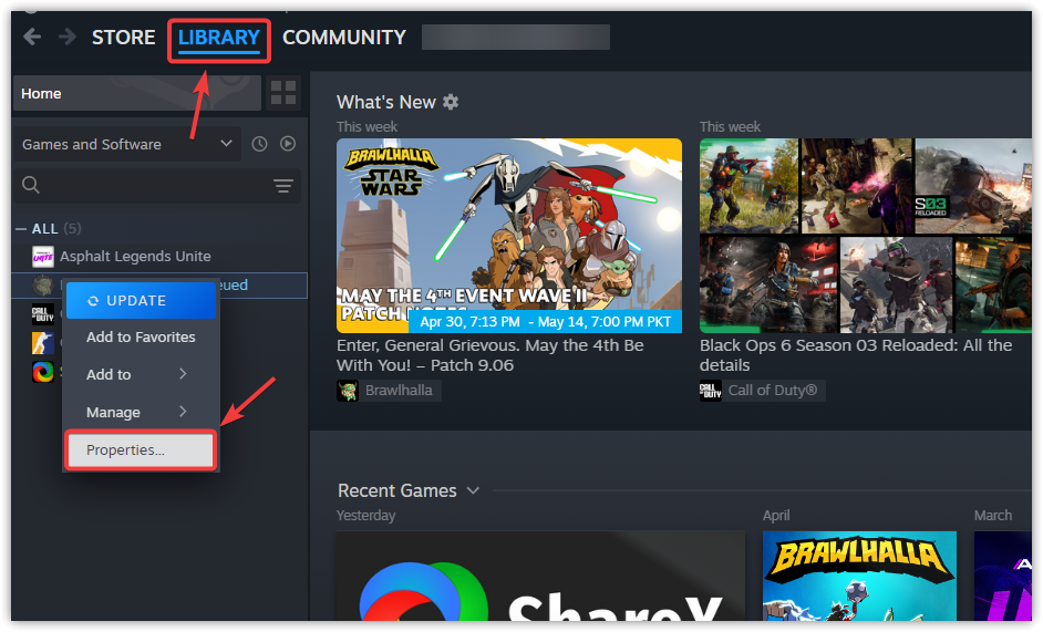 Steam game properties menu