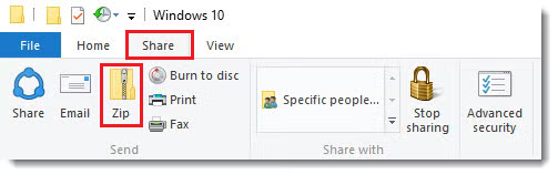 Zip button in the Share Ribbon tab