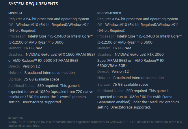 Monster Hunter Wilds system requirements on Steam