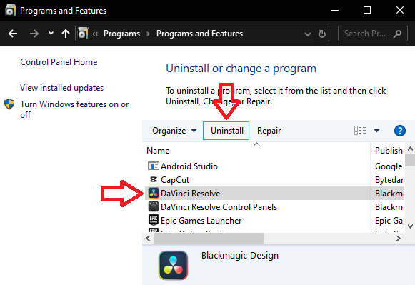 Uninstall DaVinci Resolve from Control Panel