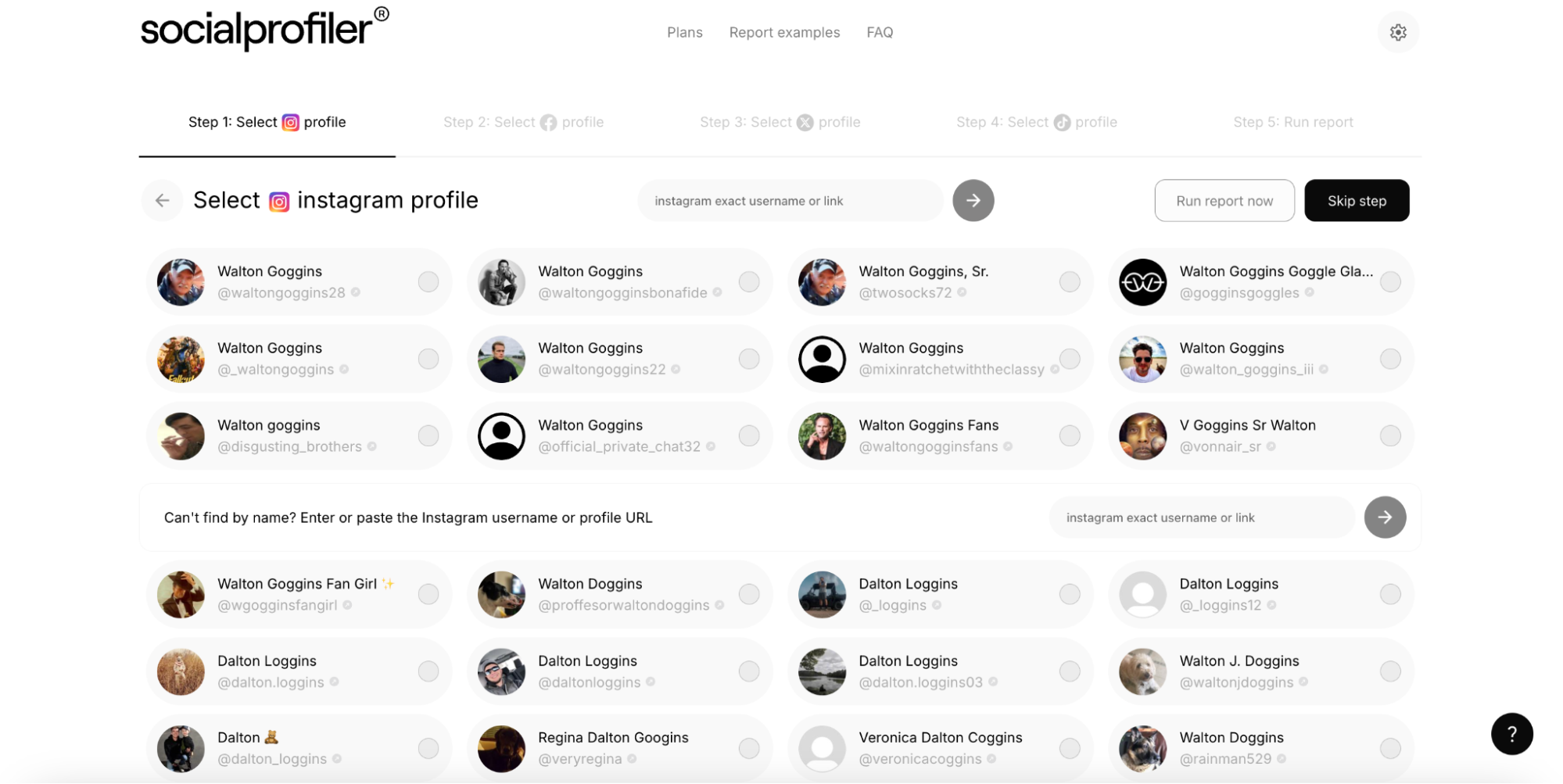 A screenshot showing Socialprofiler evaluating social media profiles for the search term "Walton Goggins". 