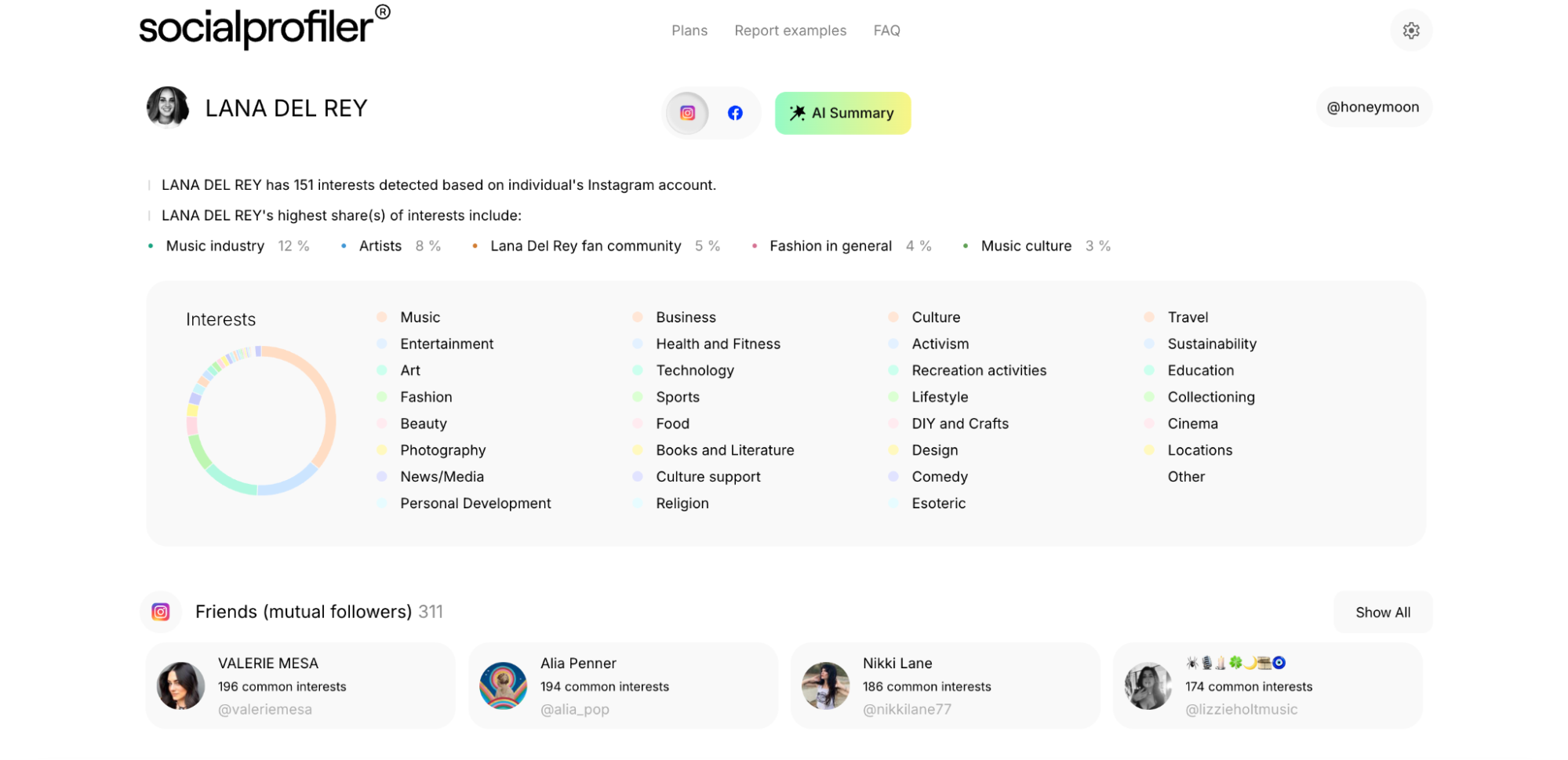 Socialprofiler’s social media assessment of Lana Del Rey’s interests, based on her Instagram activity. 