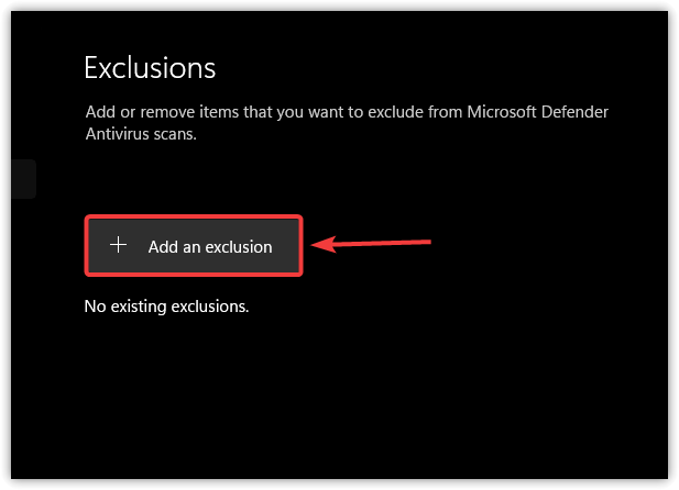 Windows Security Exclusions menu with Add an exclusion button highlighted