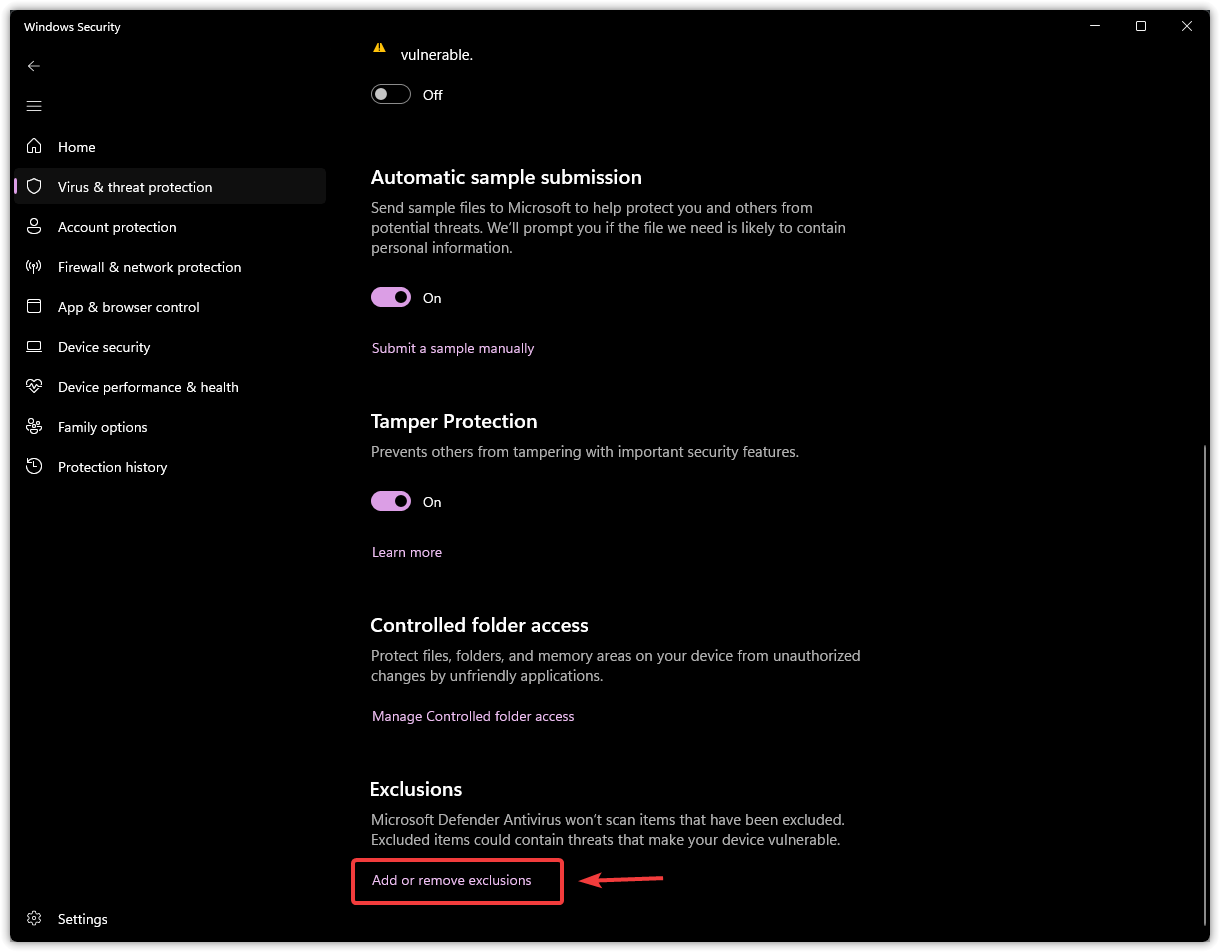 Windows Security settings showing Virus and threat protection with Add or remove exclusions option highlighted