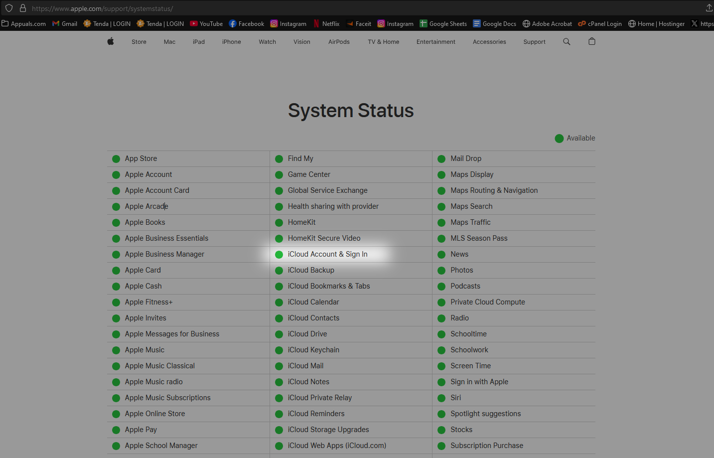 Apple system status screenshot