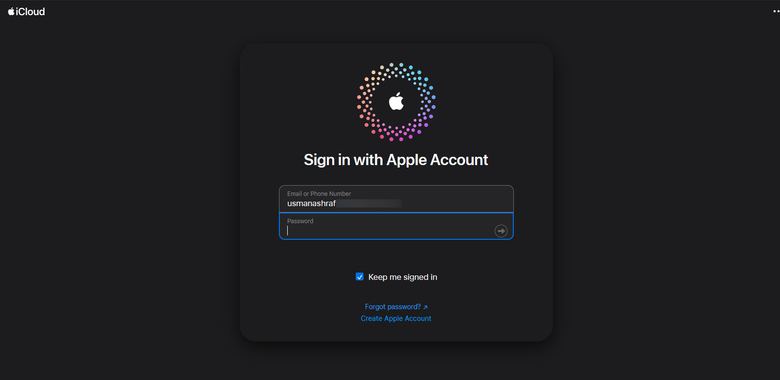 iCloud login screenshot