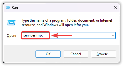 Run dialog box in Windows showing the command “services.msc” typed to open the Services Manager.