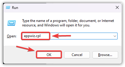 Run dialog box in Windows with the command “appwiz.cpl” entered to open Programs and Features.